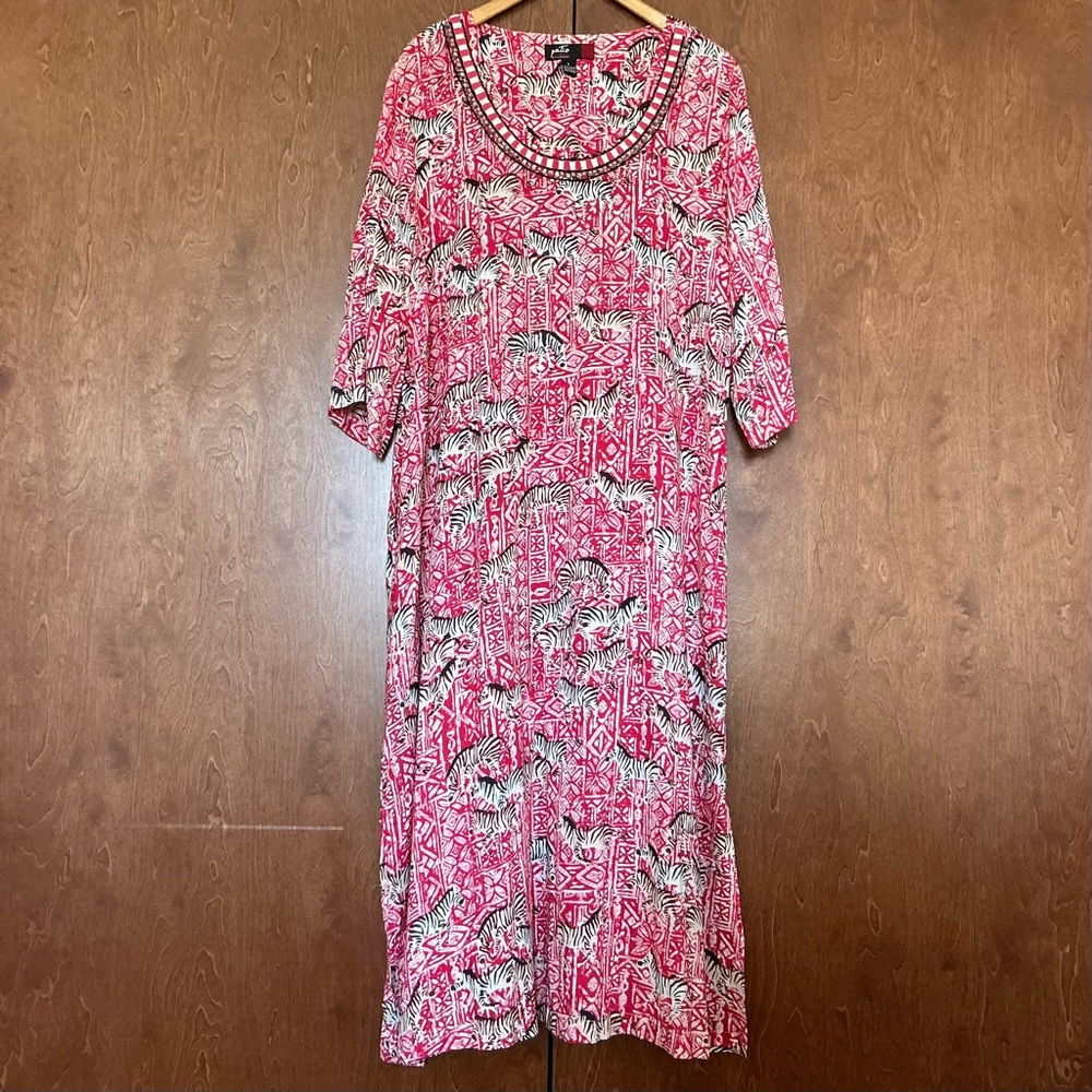 Patio Casuals Cabernet Maxi Dress Long Kaftan Red White Print with Zebras L